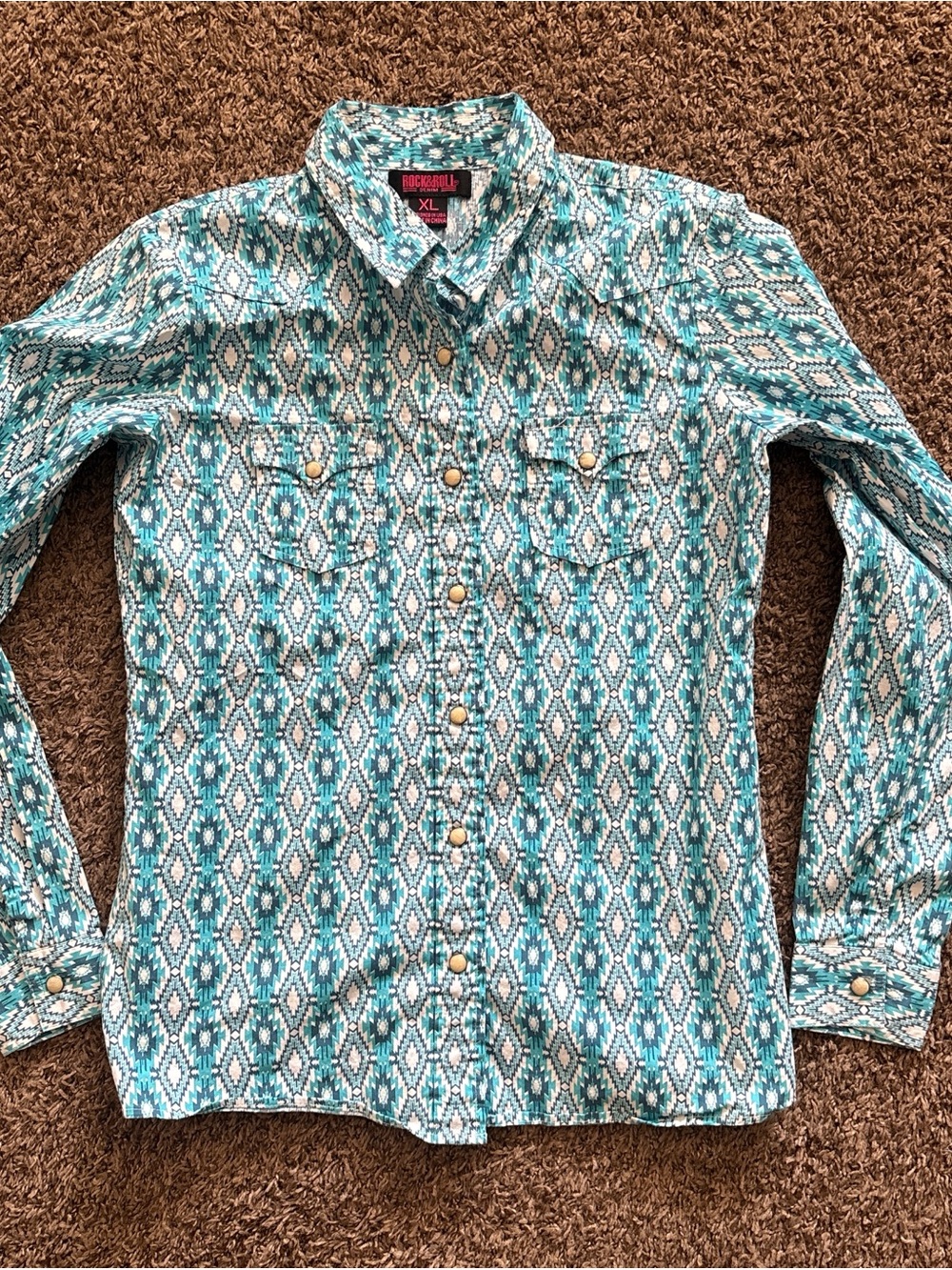 Rock & Roll Denim Boys' Turquoise Aztec Button-Down Shirt